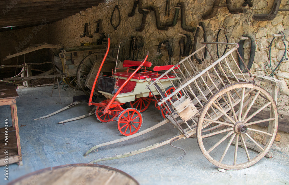 Wooden horse carts in the barn.