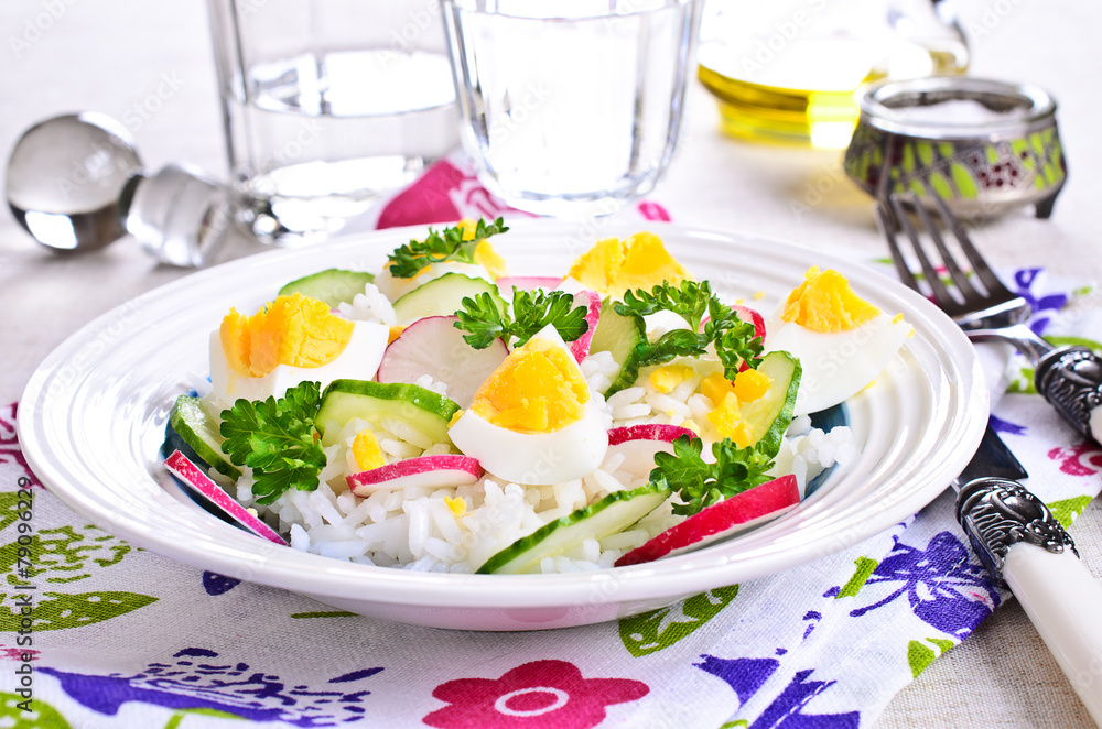 White rice with radish, cucumber and eggs White rice with radish, cucumber and eggs