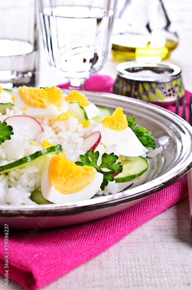 White rice with radish, cucumber and eggs White rice with radish, cucumber and eggs