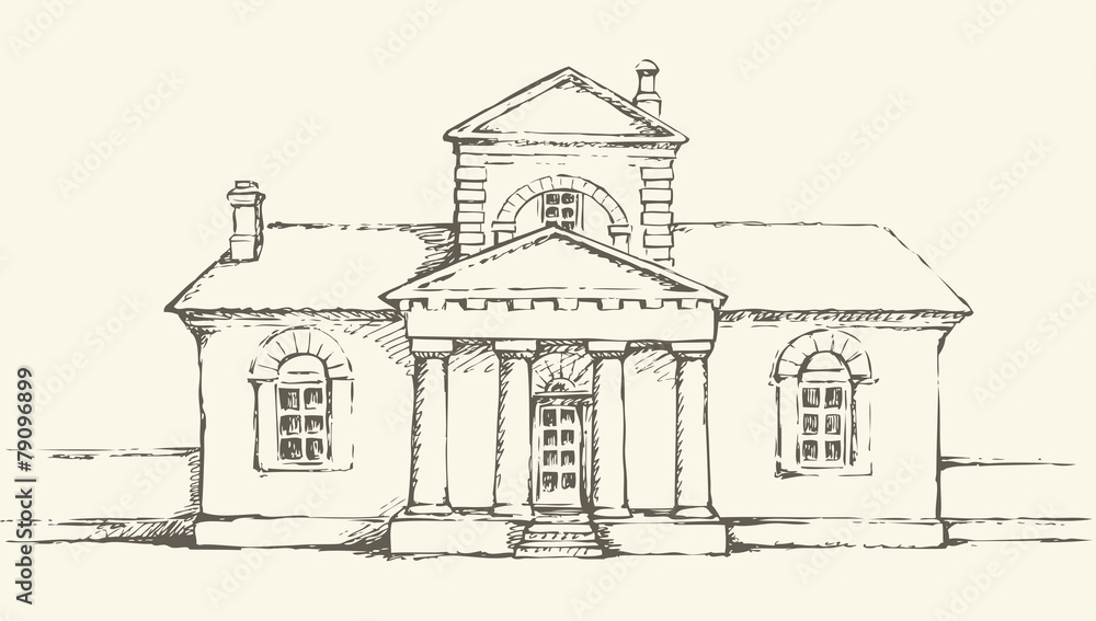 Single-storey old building. Vector drawing