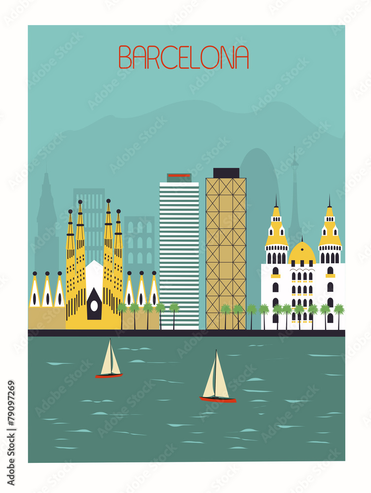 Barcelona city travel illustration - obrazy, fototapety, plakaty 