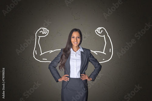 Businesswoman on Gray with Arm Muscles Drawing