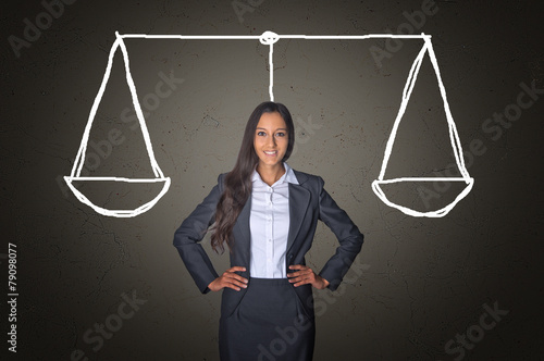 Businesswoman on Gray with Justice Scale Drawing