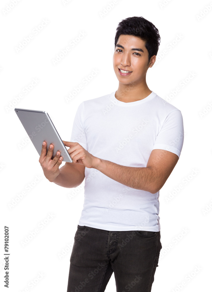 Asian man use of tablet Asian man use of tablet