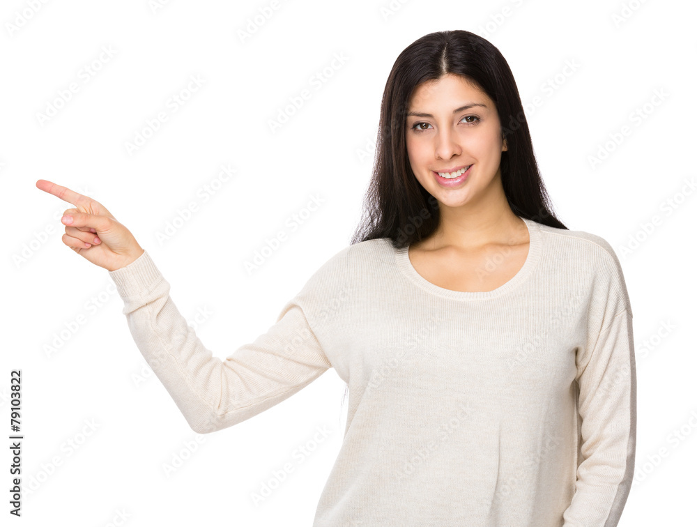 Mixed indian woman with finger point aside Mixed indian woman with finger point aside