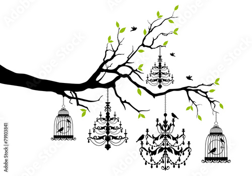 tree with chandelier and birdcage, vector