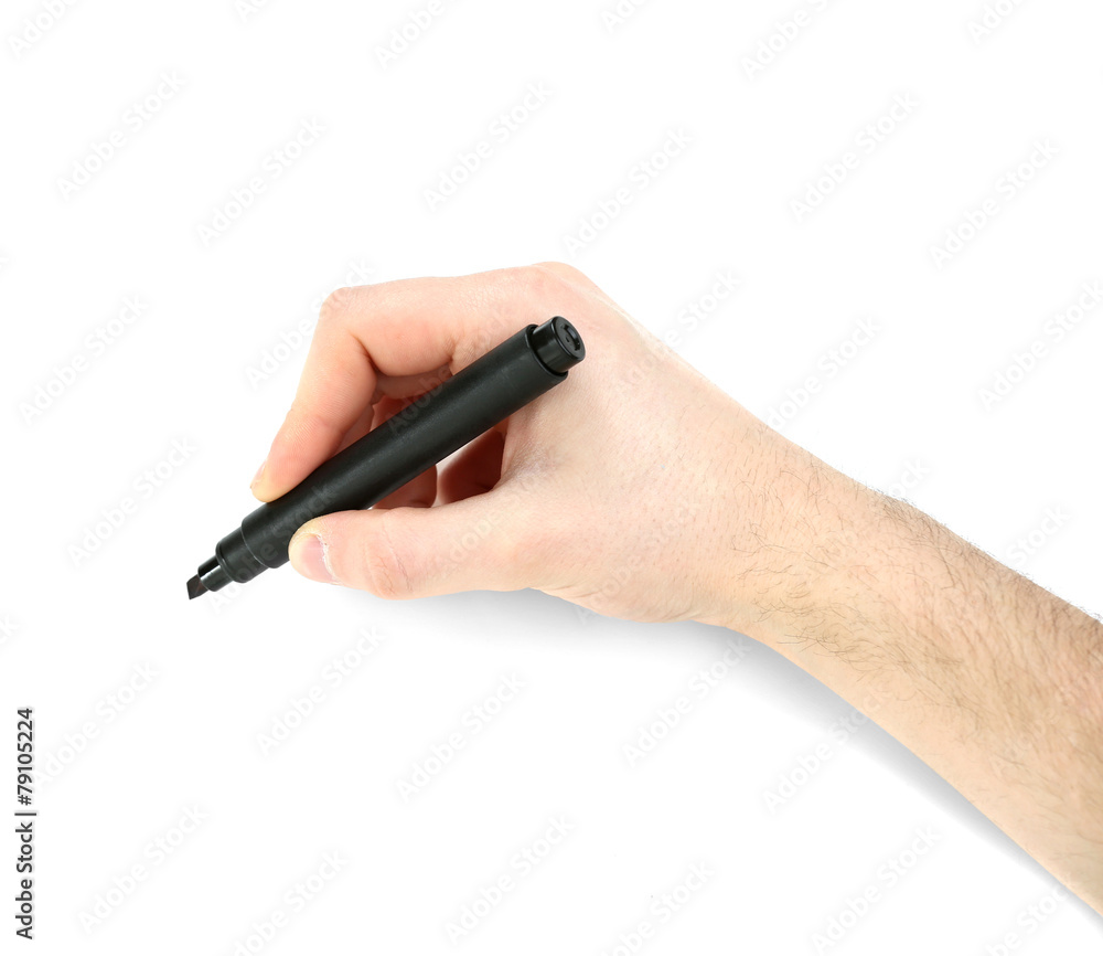 Male hand with black marker isolated on white Male hand with black marker isolated on white