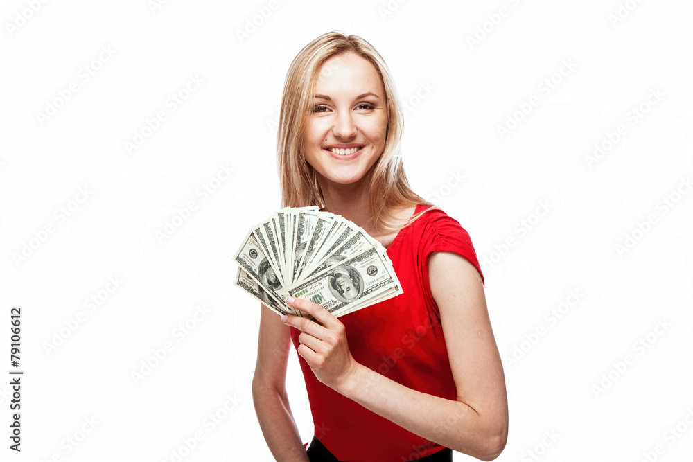 Woman holding dollar bills Woman holding dollar bills