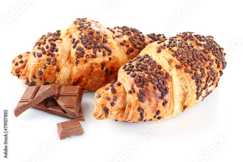 Fresh and tasty croissants with chocolate, isolated on white