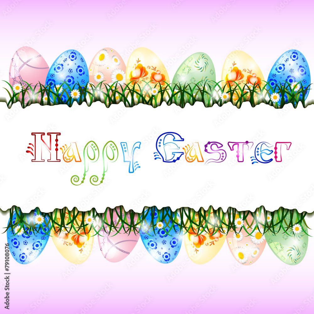 Greeting card for Easter with eggs and spring flowers