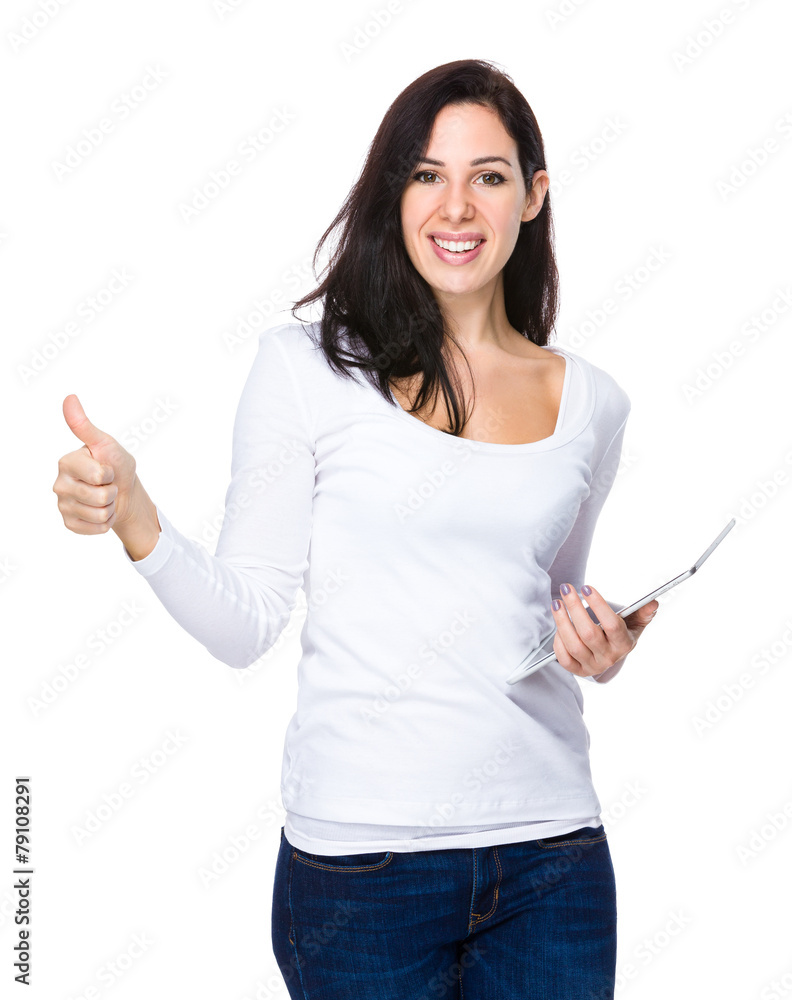 Woman hold with tablet and thumb up Woman hold with tablet and thumb up