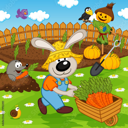 rabbit gardener with carrot - vector illustration, eps