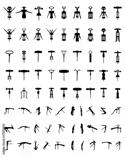Set of black silhouette of corkscrew, vector