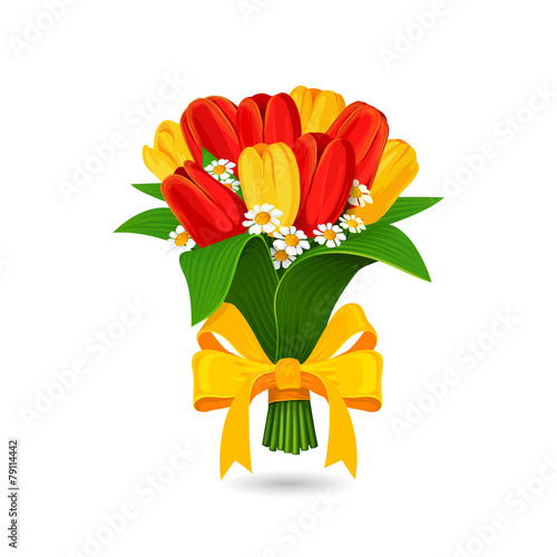 Fototapeta Naklejka Na Ścianę i Meble -  Vector bouquet of red, yellow tulip with a yellow bow