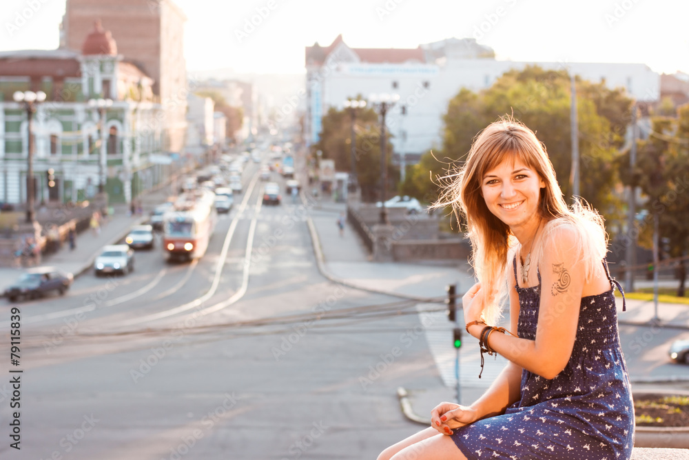 Girl in city. Portrait of beautiful girl on busy city street Girl in city. Portrait of beautiful girl on busy city street