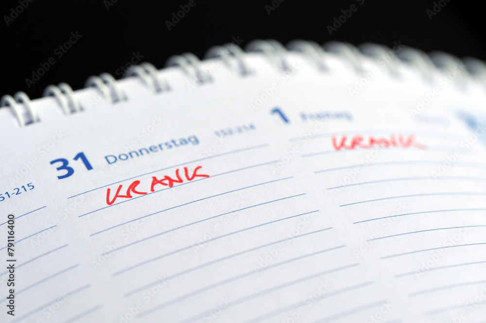 krank, Kalender, Arbeitsunfähigkeitsbescheinigung, Grippe krank, Kalender, Arbeitsunfähigkeitsbescheinigung, Grippe