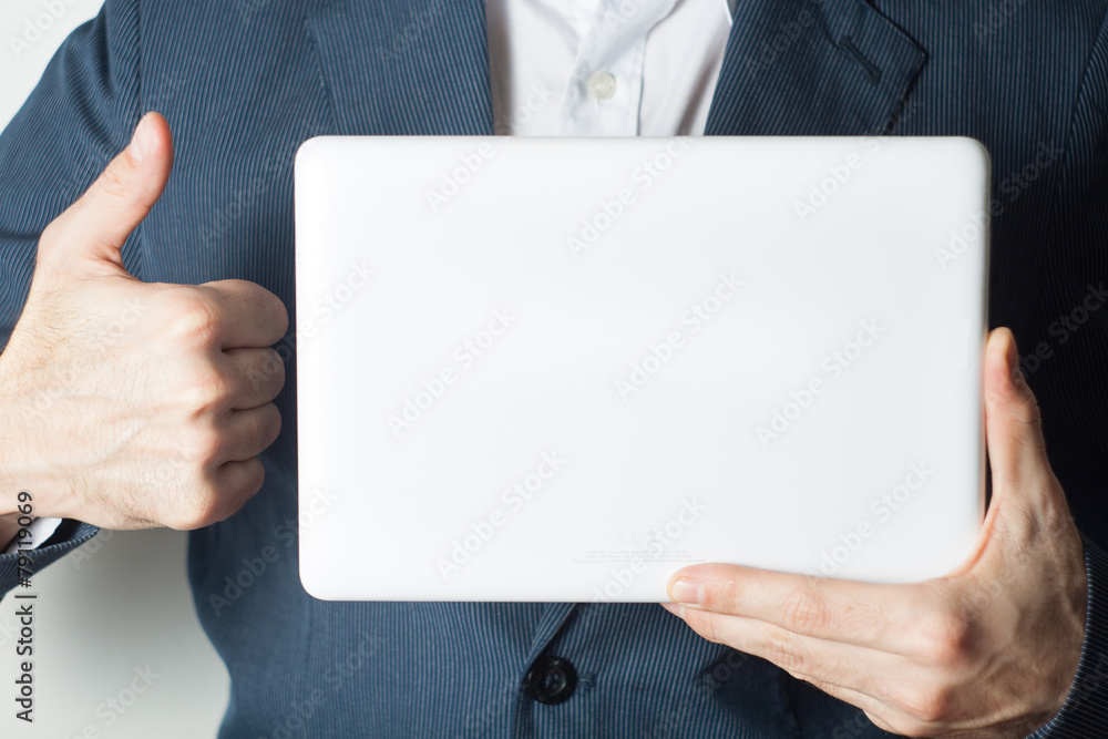 Thumbs up business man holding showing whiteboard Thumbs up business man holding showing whiteboard