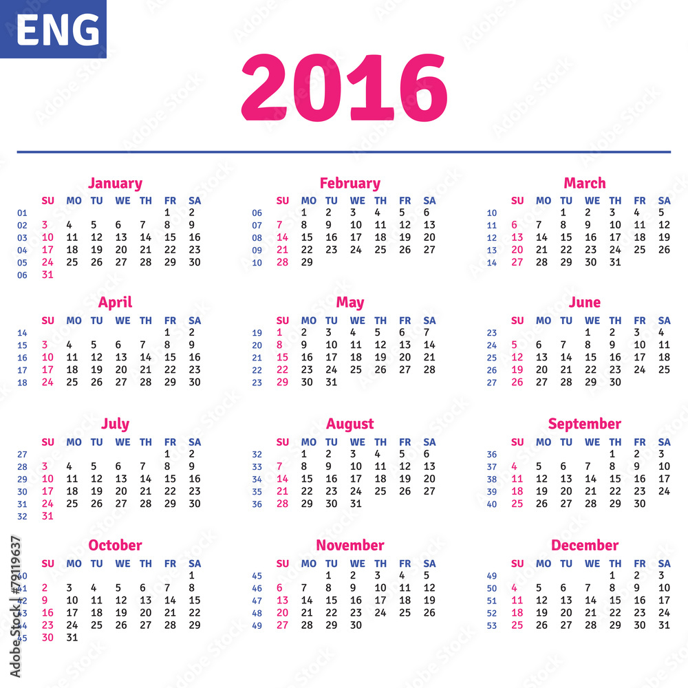 English calendar 2016, horizontal calendar grid, vector