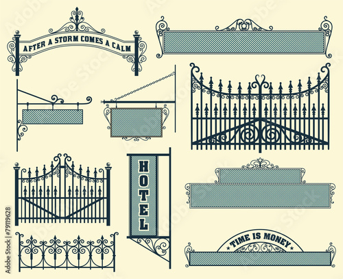 Photo Vector set: wrought iron wicket, fence and gates grilles isolate