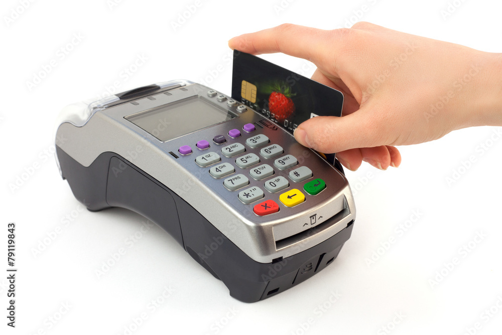 Bank terminal and hand isolated on white Bank terminal and hand isolated on white