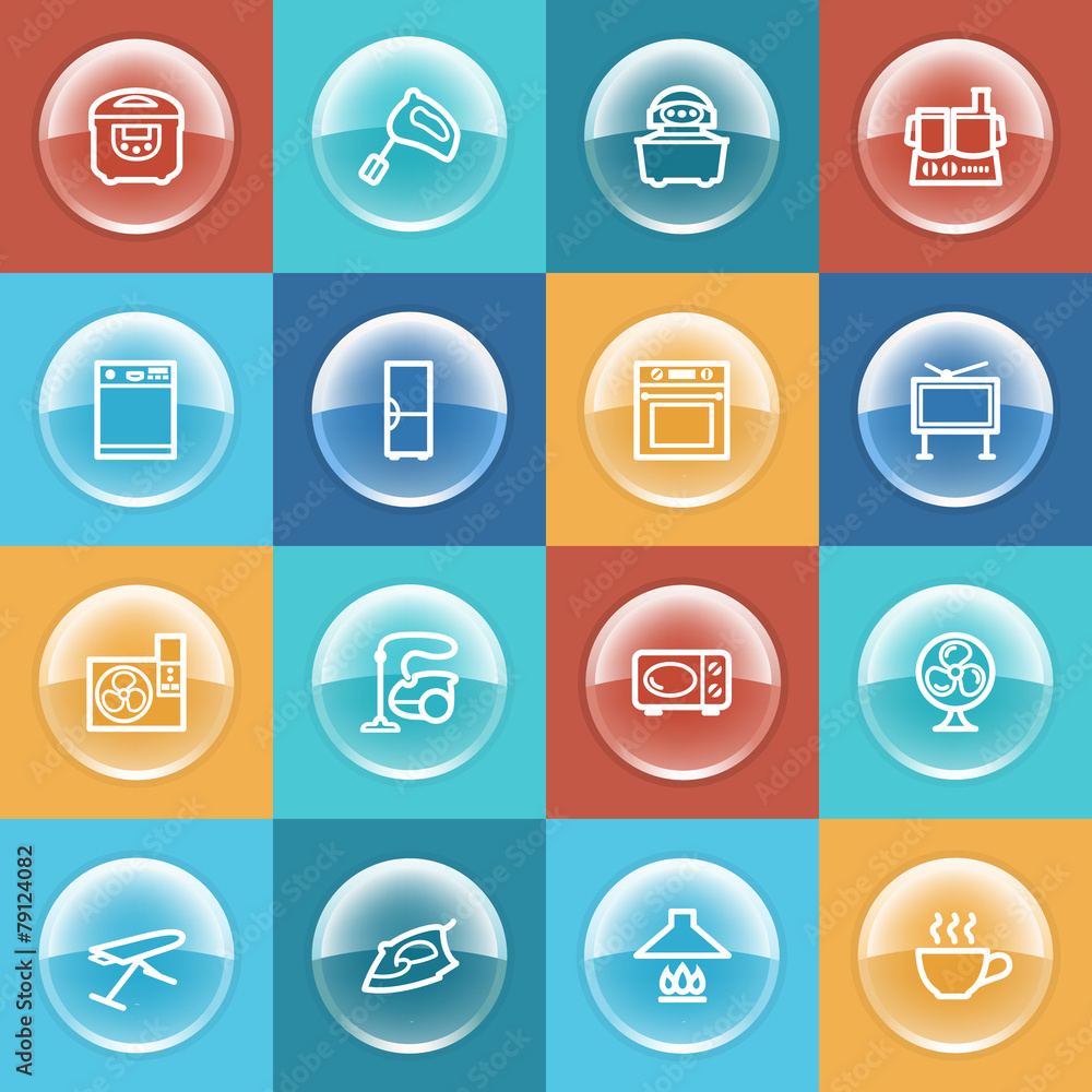 Home appliances icons with buttons on color background. Home appliances icons with buttons on color background.