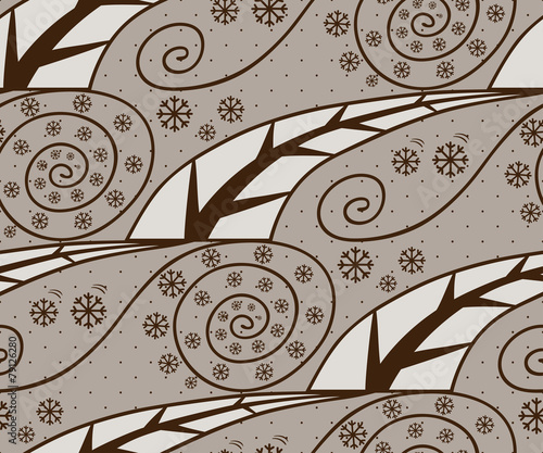 Seamless pattern with season winter. Abstract design. Illustration with season, trees and snowflakes. Can be used for pattern fills, wallpapers, web page, surface textures