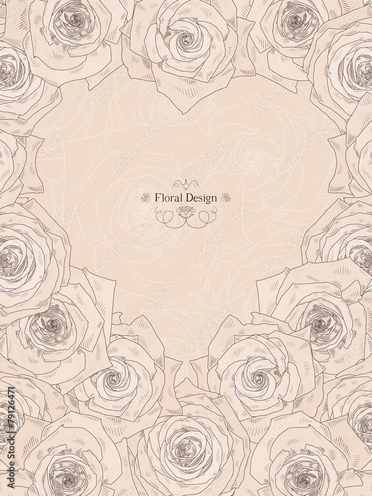 Background with beautiful roses. Shading graphics. Frame in heart shape. Place for text. Vector illustration