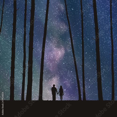 Lovers in forest. Vector illustration with silhouette of loving couple under starry sky. Can be used as postcard, illustration