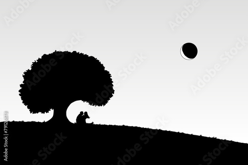 Lovers under tree. Vector illustration with silhouette of loving couple. Can be used as postcard, illustration