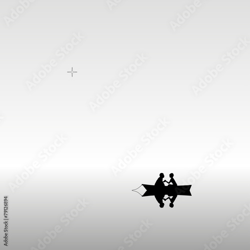 Lovers in boat. Vector illustration with silhouette of loving couple. Can be used as postcard, illustration
