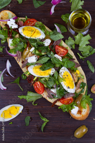 Greek Steak Salad on Bread with Eggs and Feta