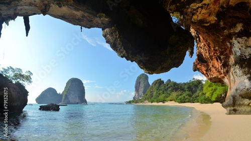 Clear water, blue sky at cave beach, Krabi Thailand