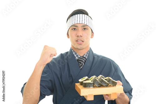 ガッツポーズの寿司職人
