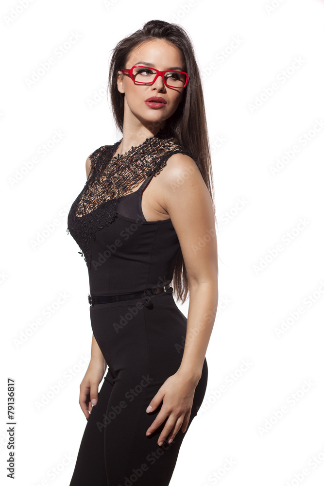studio portrait of beautiful young woman with red eyeglasses studio portrait of beautiful young woman with red eyeglasses
