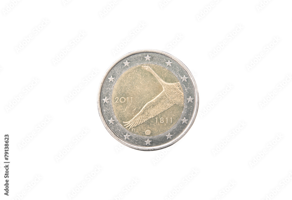 Commemorative 2 euro coin of Finland minted in 2011 over white