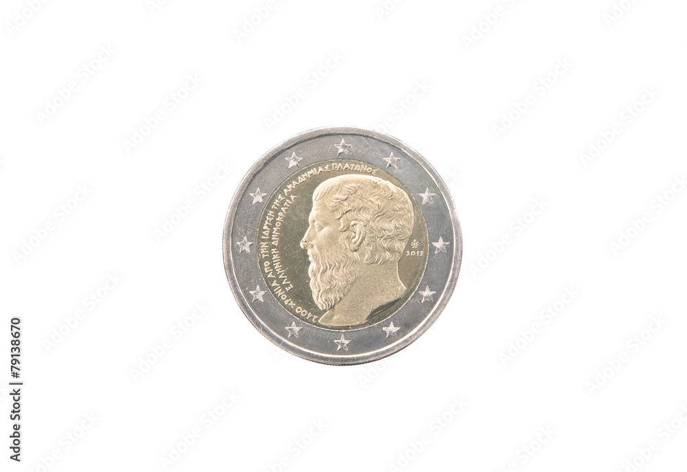 Commemorative 2 euro coin of Greece minted in 2013 over white Commemorative 2 euro coin of Greece minted in 2013 over white