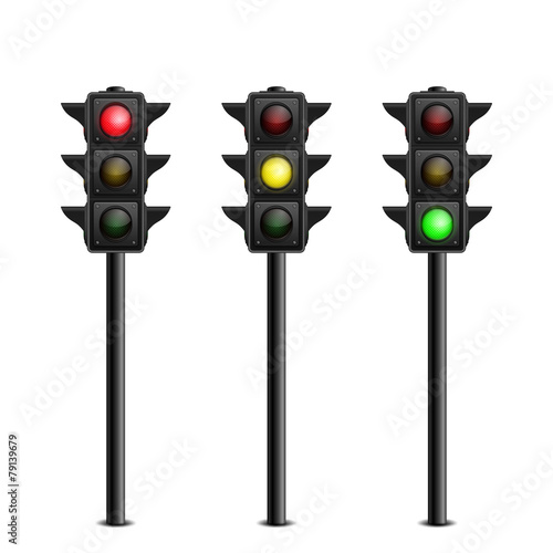Three-dimensional full length traffic lights on white background