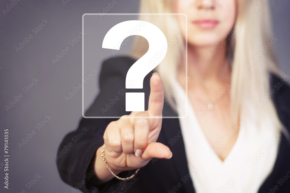 Businesswoman touch button interface question web Businesswoman touch button interface question web