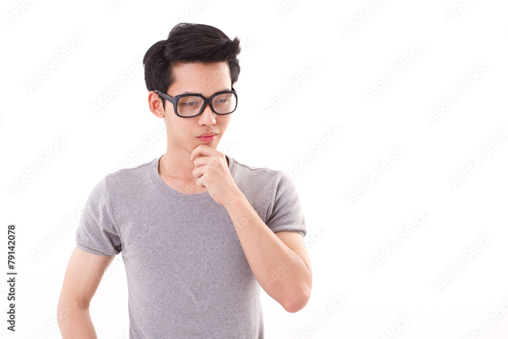 nerd man thinking, studio shot, white isolated background nerd man thinking, studio shot, white isolated background