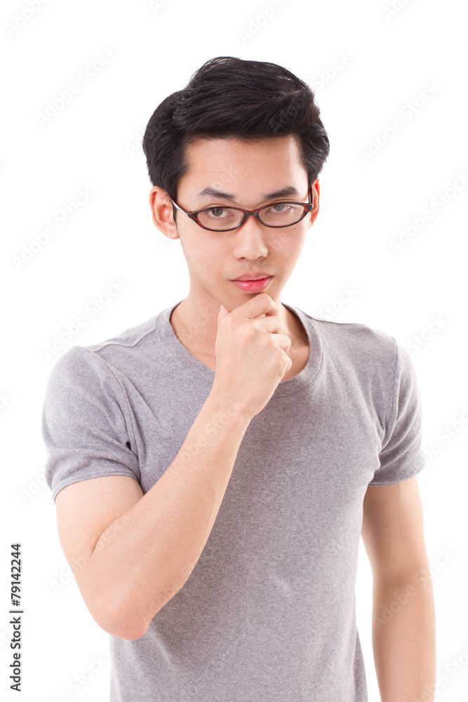 thinking nerd man looking at you, white isolated background thinking nerd man looking at you, white isolated background