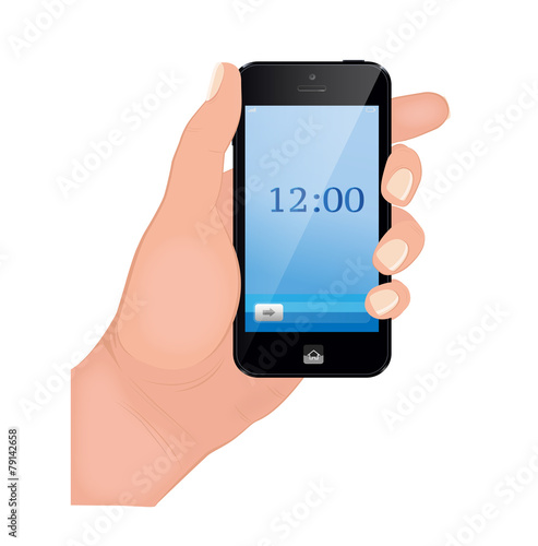 Hand holding smart phone on white background.