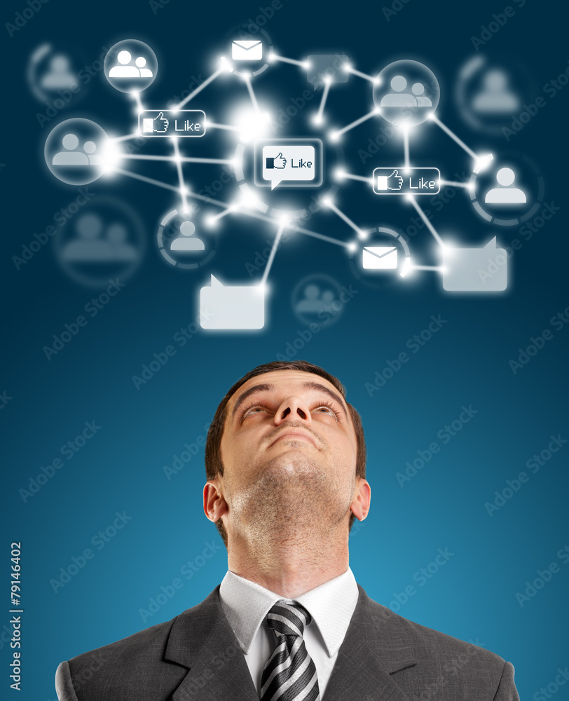 Businessman Looking Upwards in Social Network Businessman Looking Upwards in Social Network