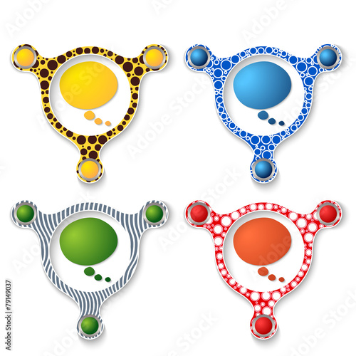 four abstract vector objects and a colored speech bubble