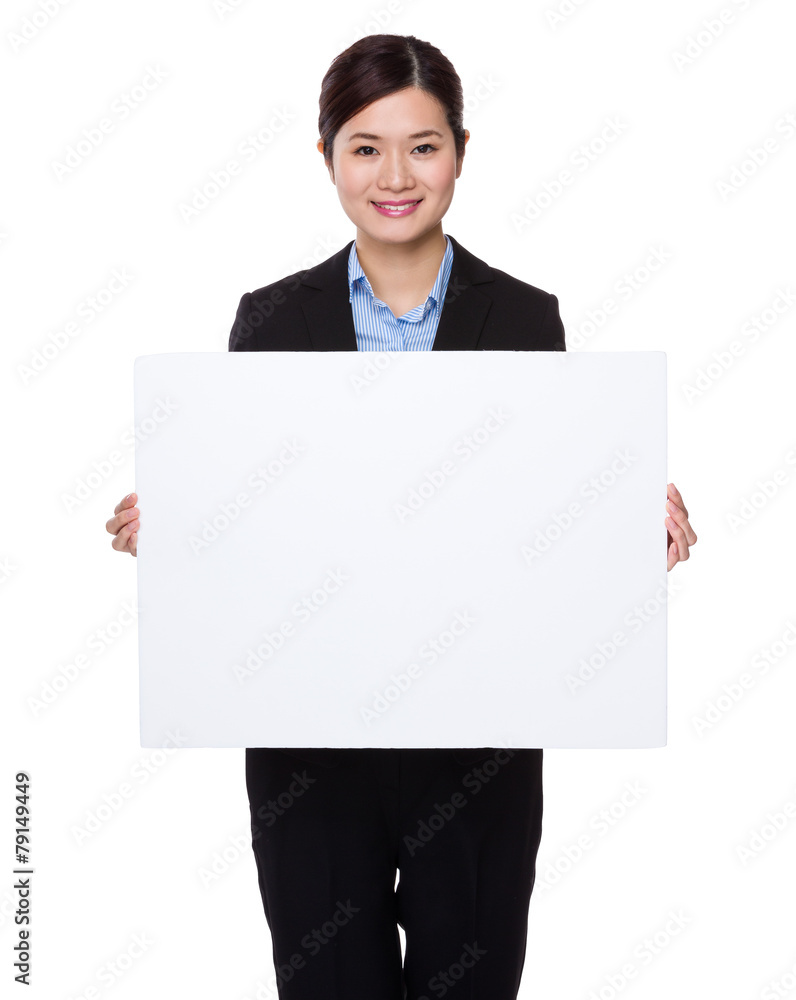 Businesswoman hold with white card Businesswoman hold with white card