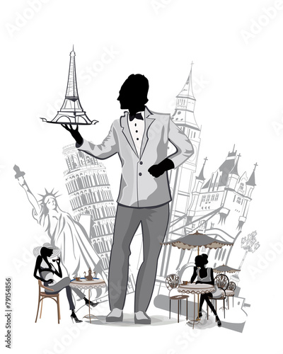 Silhouettes of sights in Europe. Waiter with a tray.