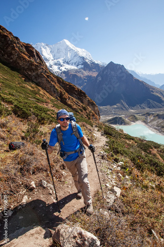 Hiker on the trek in Himalayas, Manaslu region, Nepal