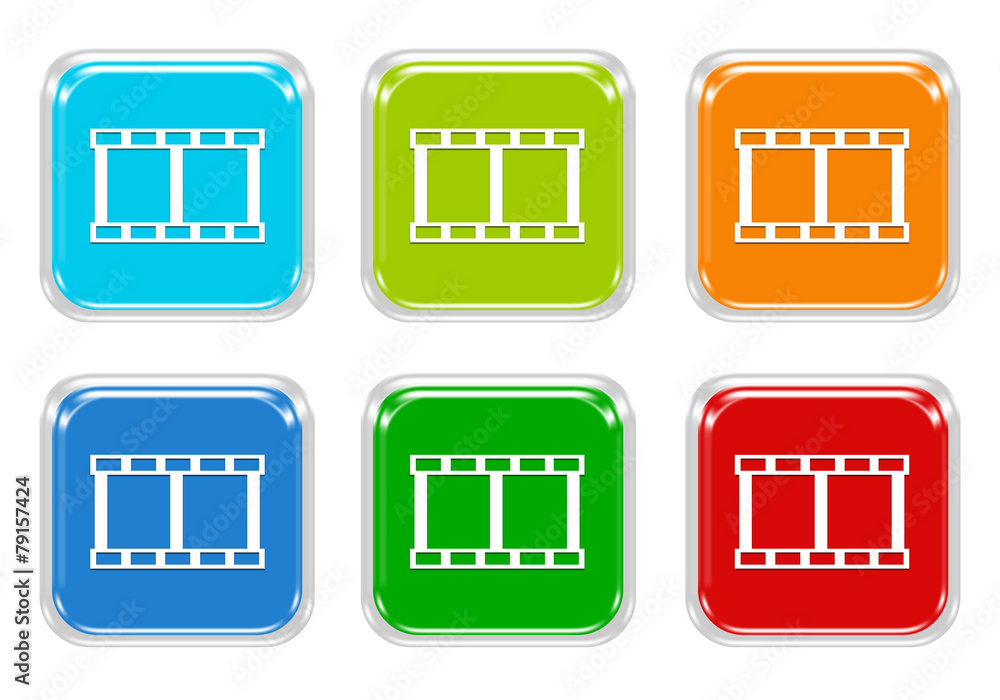 Set of squared colorful buttons with movie symbol