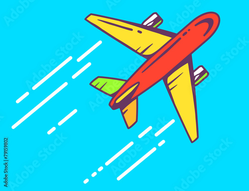 Vector illustration of colorful airplane flying right up leaving