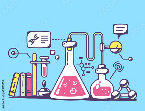 Vector illustration of red and yellow chemical laboratory flasks
