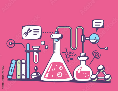 Vector illustration of colorful chemical laboratory flasks on re